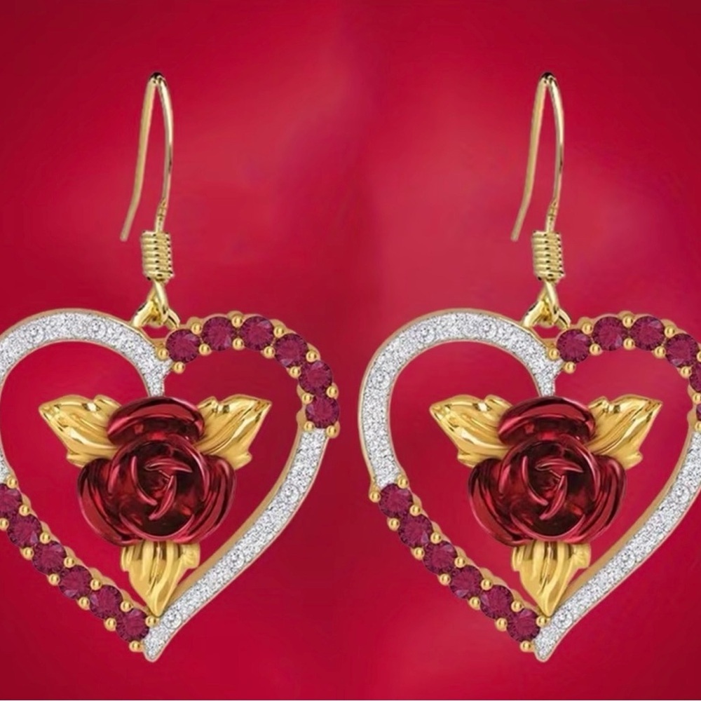 Gold and Red Heart Pendant and Earrings Set. - Picture 3 of 6
